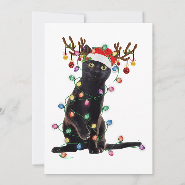 Reindeer Black Cat Christmas Lights Funny Cat Love Invitation (Front)