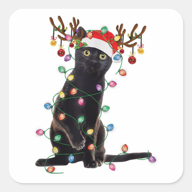 Reindeer Black Cat Christmas Lights Funny Cat Love Square Sticker (Front)