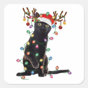 Reindeer Black Cat Christmas Lights Funny Cat Love Square Sticker