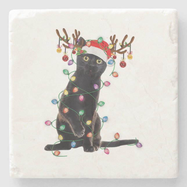 Reindeer Black Cat Christmas Lights Funny Cat Love Stone Coaster (Front)