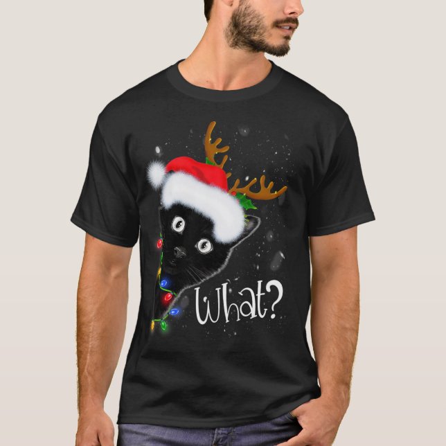 Reindeer Black Cat Christmas Lights Funny Cat Love T-Shirt (Front)