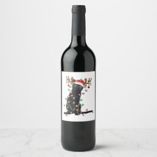 Reindeer Black Cat Christmas Lights Funny Cat Love Wine Label