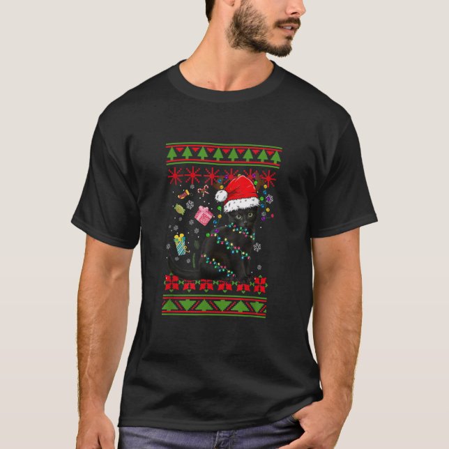 Reindeer Black Cat Christmas Lights Ugly Style Cat T-Shirt (Front)