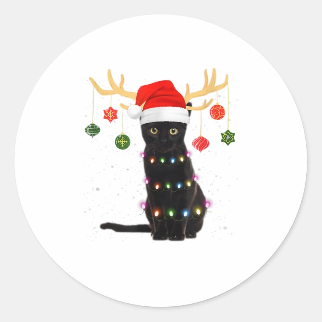 Reindeer Black Cat Santa Hat Christmas L Classic Round Sticker (Front)
