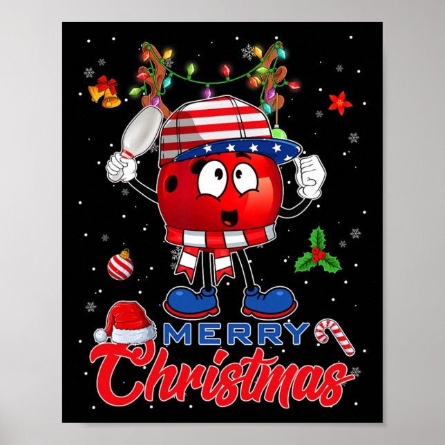 Reindeer Bowling Ball American Flag Christmas Tree Poster (Front)
