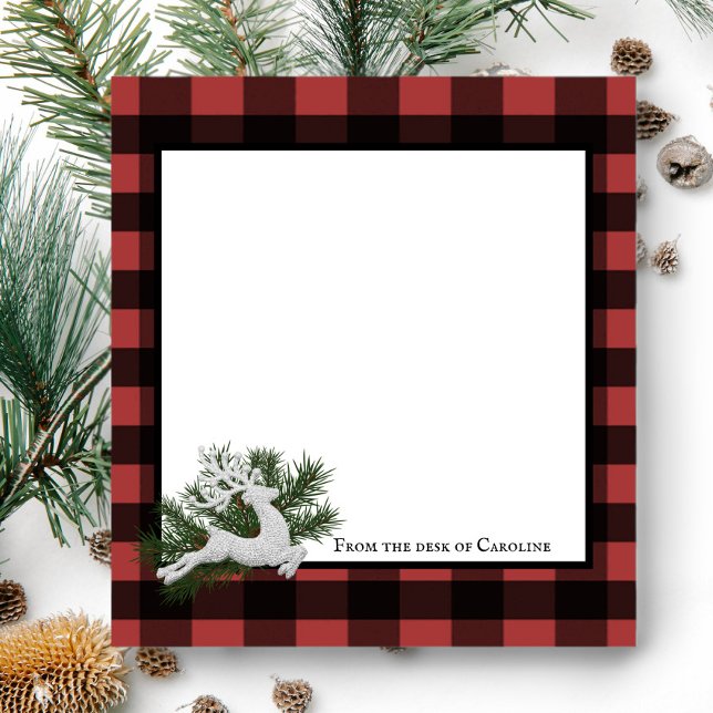 Reindeer Buffalo Plaid Personalised | Black Red Notepad (Black and Red Reindeer Buffalo Plaid Personalized Notepad)