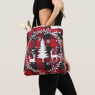 Reindeer Buffalo Plaid Tote Bag