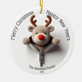 Reindeer- Busted Zipper Personalised Christmas Ceramic Tree Decoration
