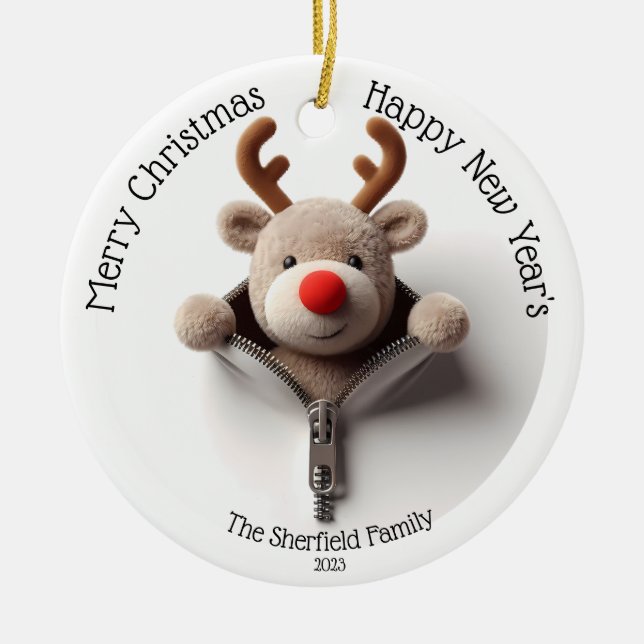 Reindeer- Busted Zipper Personalised Christmas Ceramic Tree Decoration (Front)