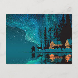 Reindeer, cabin, Northern Lights by a winter lake Holiday Postcard