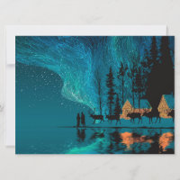 Reindeer, cabin, Northern Lights by a winter lake