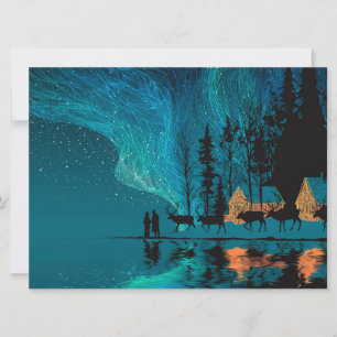 Reindeer, cabin, Northern Lights by a winter lake Invitation