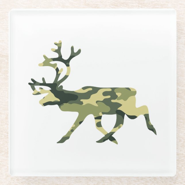 Reindeer / Caribou Woodland Camouflage / Camo Glass Coaster (Front)