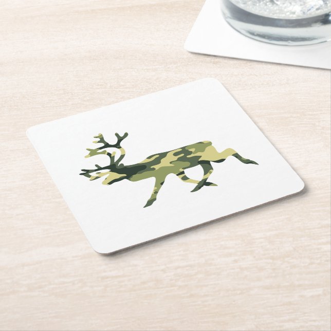 Reindeer / Caribou Woodland Camouflage / Camo Square Paper Coaster (Angled)