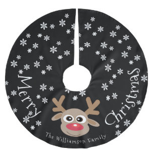 Reindeer Cartoon Christmas Black White Snowflakes Brushed Polyester Tree Skirt