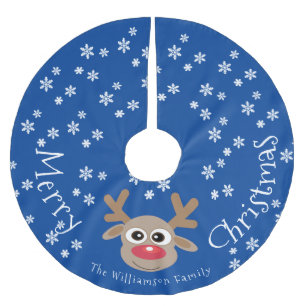 Reindeer Cartoon Christmas Blue White Snowflakes  Brushed Polyester Tree Skirt