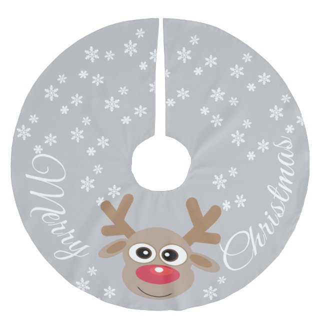Reindeer Cartoon Christmas Grey White Snowflakes Brushed Polyester Tree Skirt (Front)