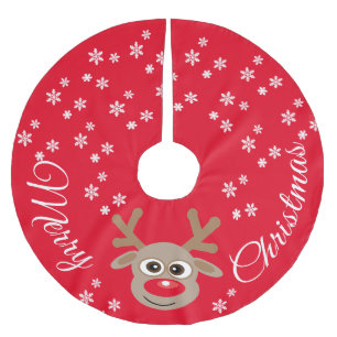 Reindeer Cartoon Christmas Red White Snowflakes Brushed Polyester Tree Skirt