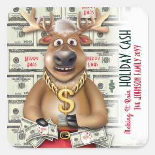 Reindeer Cash Santa Bucks Christmas Money Lottery Square Sticker