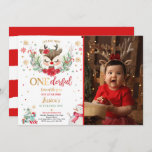 Reindeer Christmas 1st Birthday Red Winter Deer Invitation<br><div class="desc">Reindeer Christmas 1st Birthday Red Winter Deer Invitation</div>