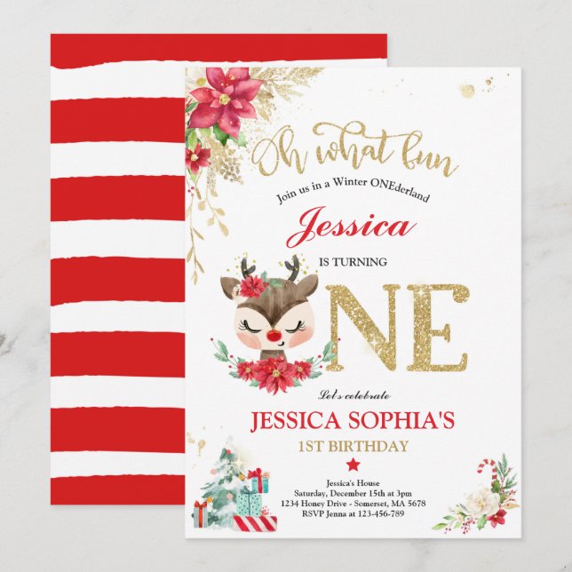 Reindeer Christmas 1st Birthday Red Winter Deer Invitation (Front/Back)