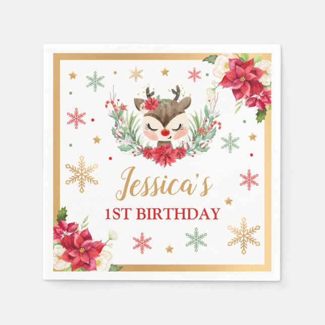 Reindeer Christmas 1st Birthday Red Winter Deer Napkin (Front)