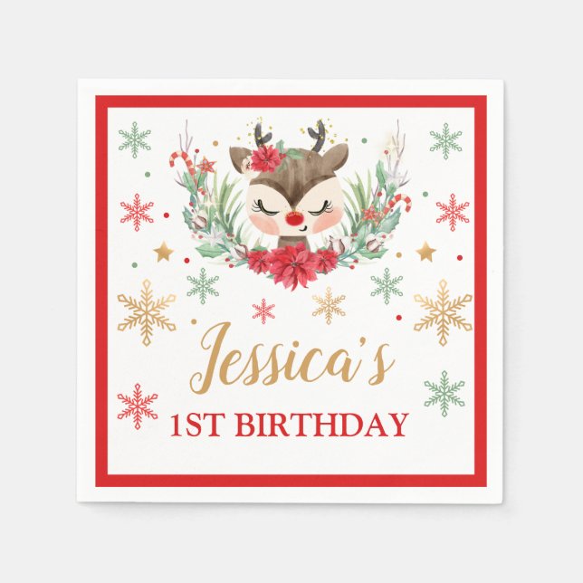 Reindeer Christmas 1st Birthday Red Winter Deer Napkin (Front)
