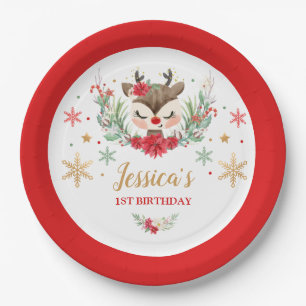 Reindeer Christmas 1st Birthday Red Winter Deer Paper Plate