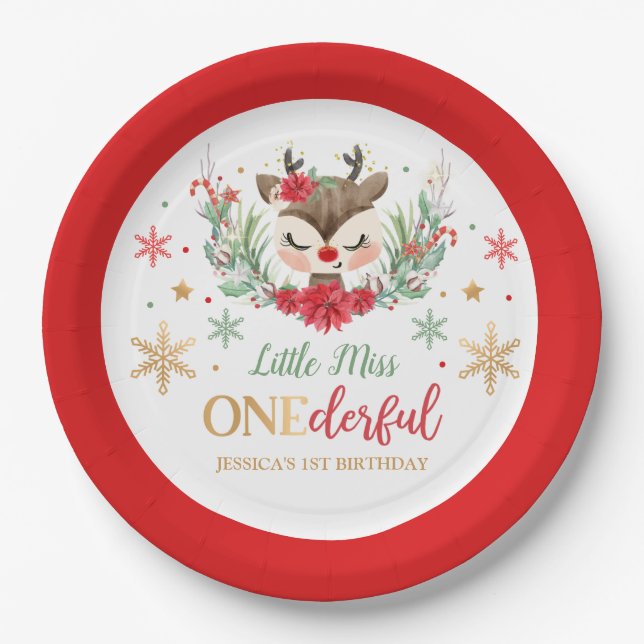 Reindeer Christmas 1st Birthday Red Winter Deer Paper Plate (Front)