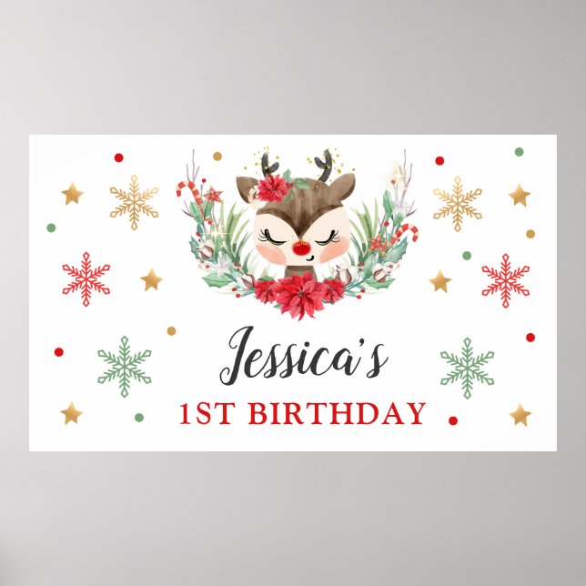 Reindeer Christmas 1st Birthday Winter Deer Banner Poster (Front)
