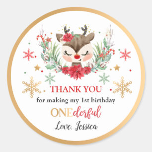 Reindeer Christmas 1st Birthday Winter Deer Favour Classic Round Sticker