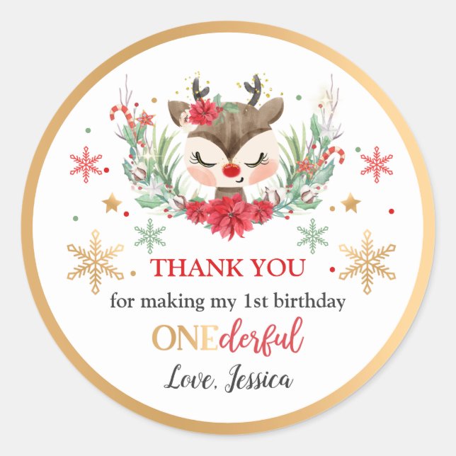 Reindeer Christmas 1st Birthday Winter Deer Favour Classic Round Sticker (Front)