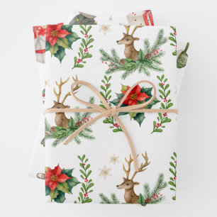 Reindeer Christmas and red poinsettia Wrapping Paper Sheet
