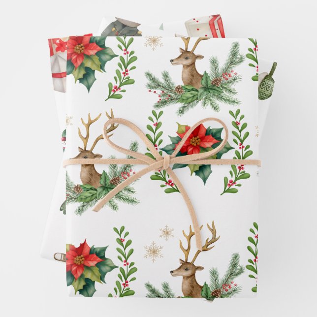 Reindeer Christmas and red poinsettia Wrapping Paper Sheet (In situ)
