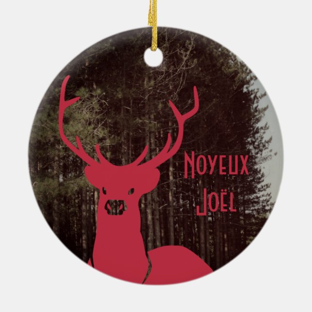 Reindeer Christmas custom text quebecois Ceramic Tree Decoration (Back)
