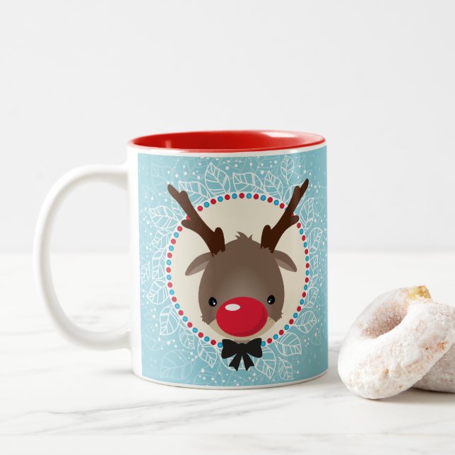 REINDEER CHRISTMAS cute red nose rudolph blue Two-Tone Coffee Mug (With Donut)