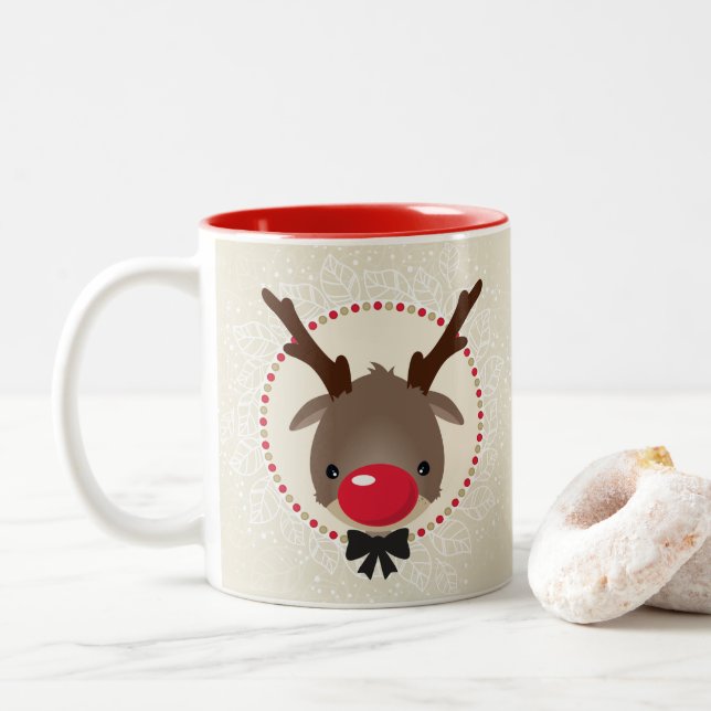 REINDEER CHRISTMAS cute red nose rudolph ivory Two-Tone Coffee Mug (With Donut)