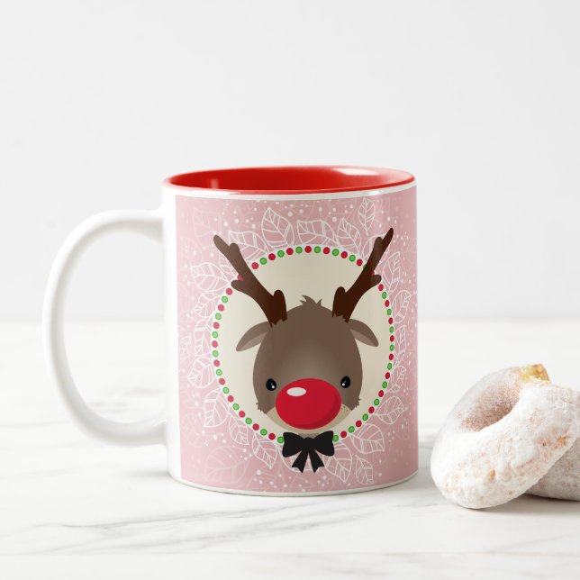 REINDEER CHRISTMAS cute red nose rudolph pink Two-Tone Coffee Mug (With Donut)