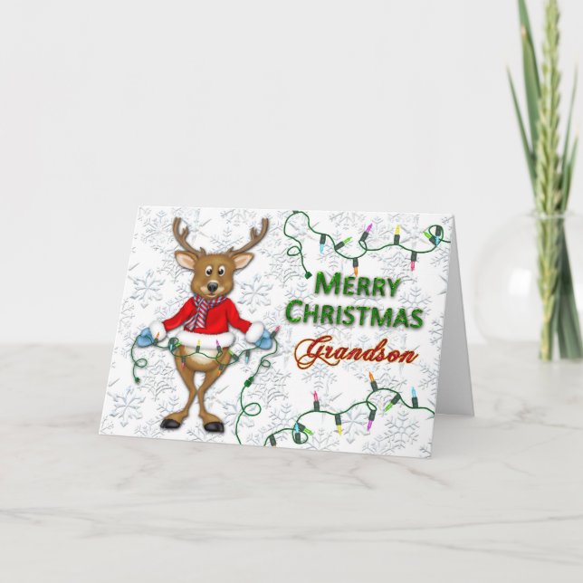 Reindeer Christmas- Grandson - Lights Holiday Card (Front)