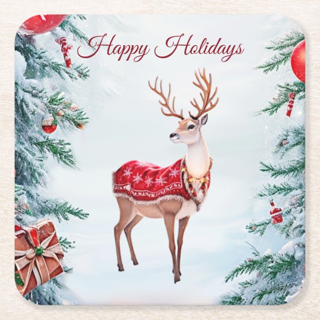 Reindeer Christmas Holiday Paper Coaster (Front)