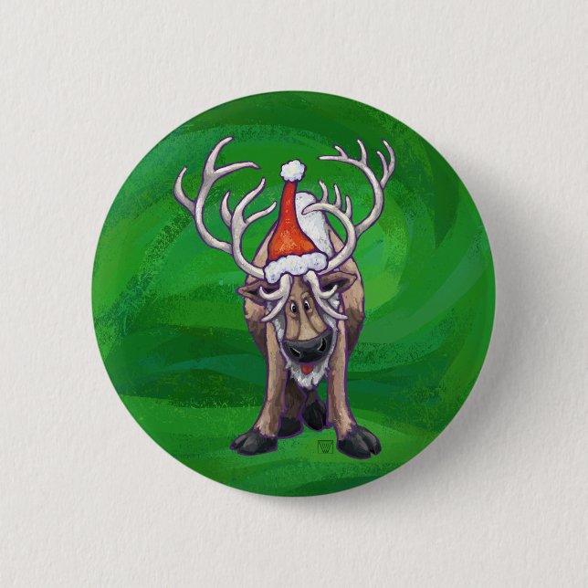 Reindeer Christmas On Green 6 Cm Round Badge (Front)