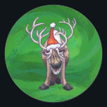 Reindeer Christmas On Green Classic Round Sticker<br><div class="desc">Animal Parade Festive Reindeer Christmas Gifts , TShirts, and Accessories feature our fun artwork of a cute reindeer decked out in a red Santa hat standing in a snowy North Pole landscape against a textured dark blue starry night sky painted by our talented children's book illustrator, Traci Van Wagoner. On...</div>