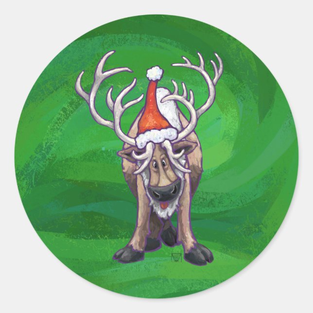 Reindeer Christmas On Green Classic Round Sticker (Front)