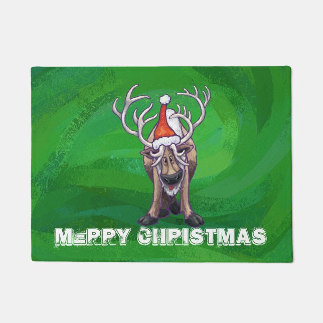 Reindeer Christmas On Green Doormat (Front)