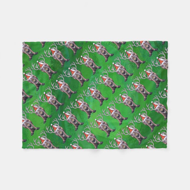 Reindeer Christmas On Green Fleece Blanket (Front (Horizontal))