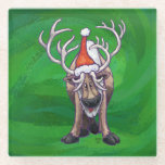 Reindeer Christmas On Green Glass Coaster<br><div class="desc">Animal Parade Festive Reindeer Christmas Gifts , TShirts, and Accessories feature our fun artwork of a cute reindeer decked out in a red Santa hat standing in a snowy North Pole landscape against a textured dark blue starry night sky painted by our talented children's book illustrator, Traci Van Wagoner. On...</div>