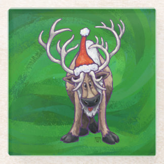 Reindeer Christmas On Green Glass Coaster