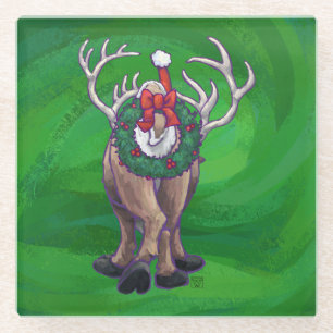 Reindeer Christmas On Green Glass Coaster