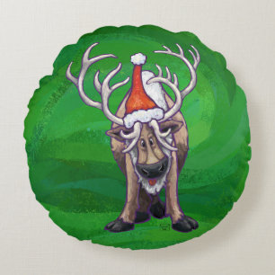 Reindeer Christmas On Green Round Cushion