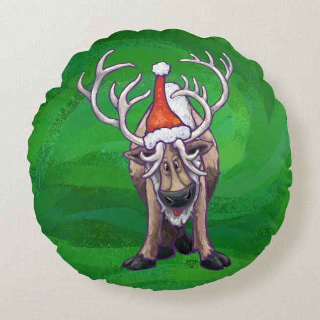 Reindeer Christmas On Green Round Cushion (Front)
